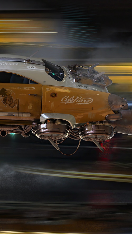 Retro-futuristic flying car with 'Cafe Racer' branding