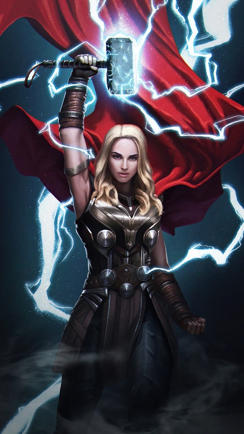 Jane Foster as Thor wielding Mjolnir with lightning