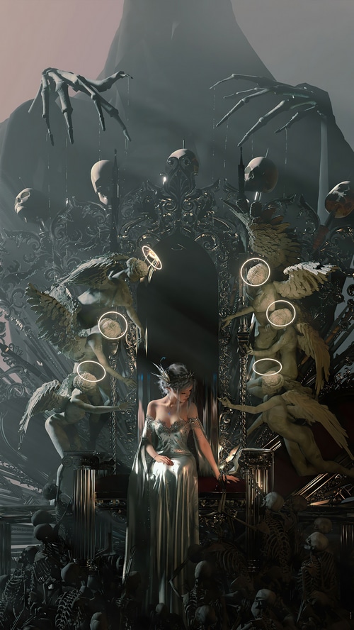 Digital Art of a Queen on a Throne Surrounded by Skeletons