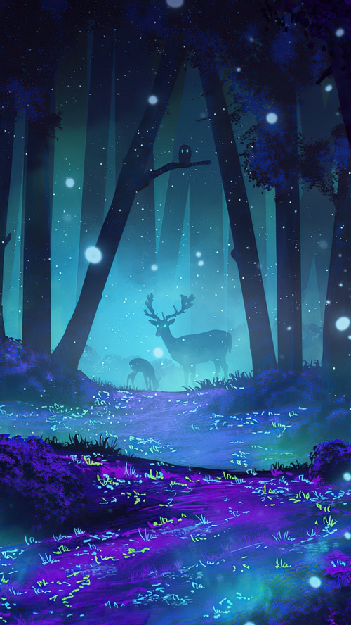 Digital art of reindeer in a mystical forest