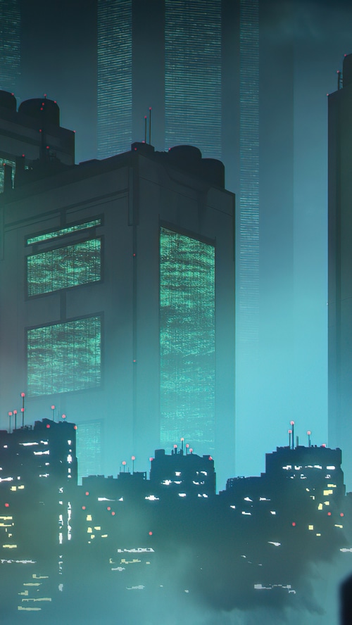 Sci-fi city skyline with digital art buildings