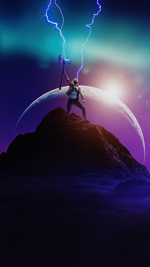 Thor with Mjolnir on a mountain under lightning