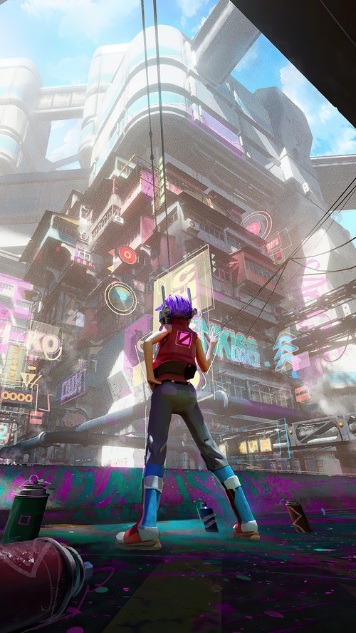 Cyberpunk girl with purple hair in a futuristic city