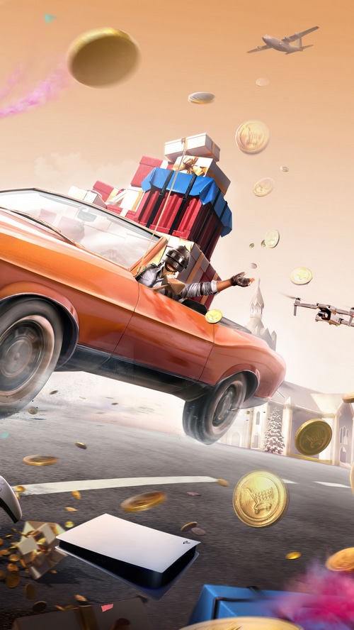 PUBG player in a car with gifts and coins