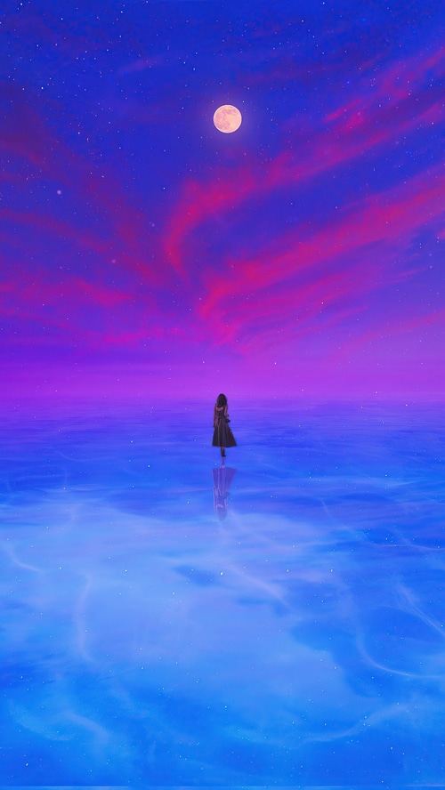 A lone figure stands on a reflective surface under a starry sky