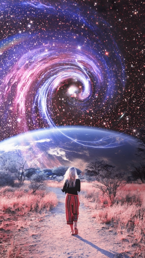 Woman walking towards a cosmic galaxy and planet