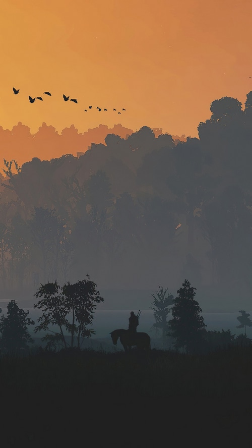 The Witcher 3: Geralt on horseback at sunset