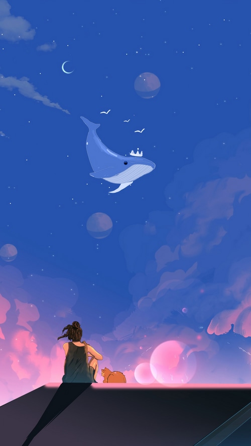 Girl and cat watch a whale fly in the night sky