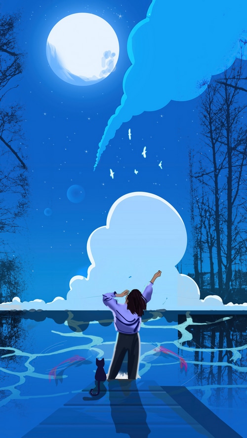 Girl flying a kite under the moon with a cat
