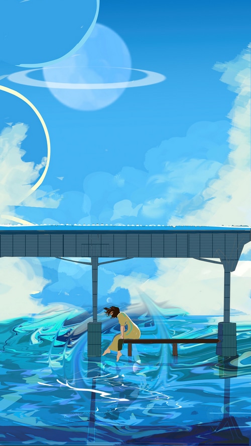 A person sits on a pier over a swirling blue ocean under a ringed planet.