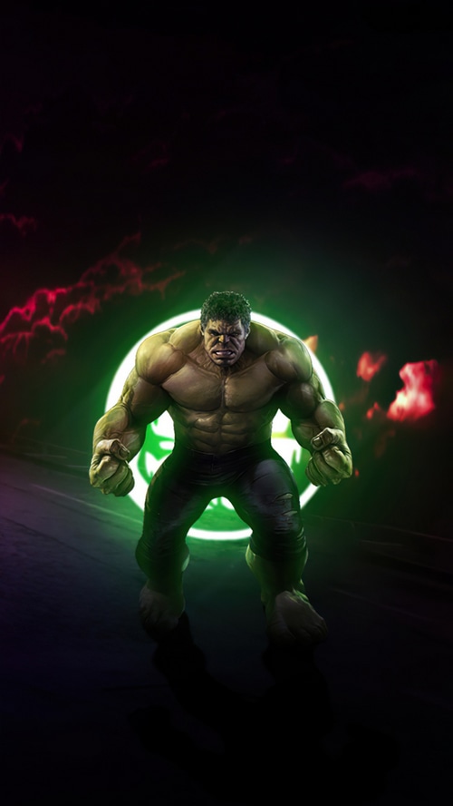 Hulk in front of a green glowing circle