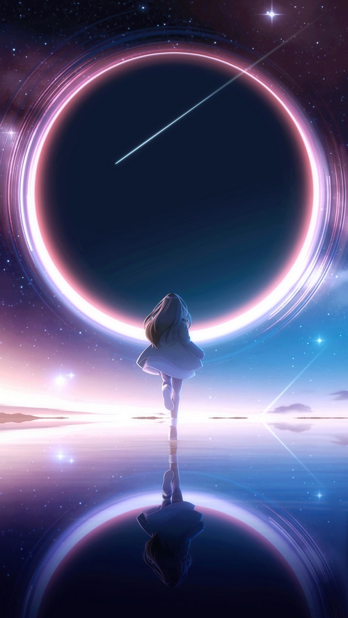 Anime girl running towards a cosmic ring