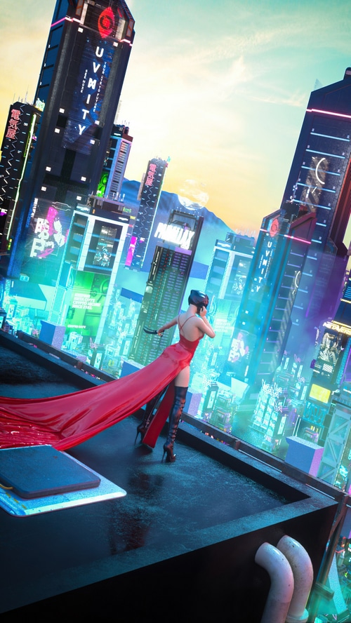 Woman in red dress overlooking a futuristic city