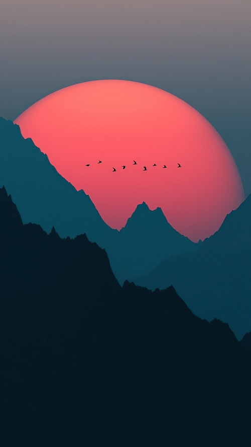 Digital Art of Mountains and Sunset with Birds