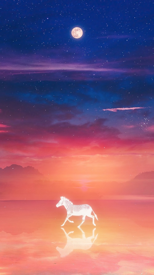 A glowing zebra walks on water under a starry sky