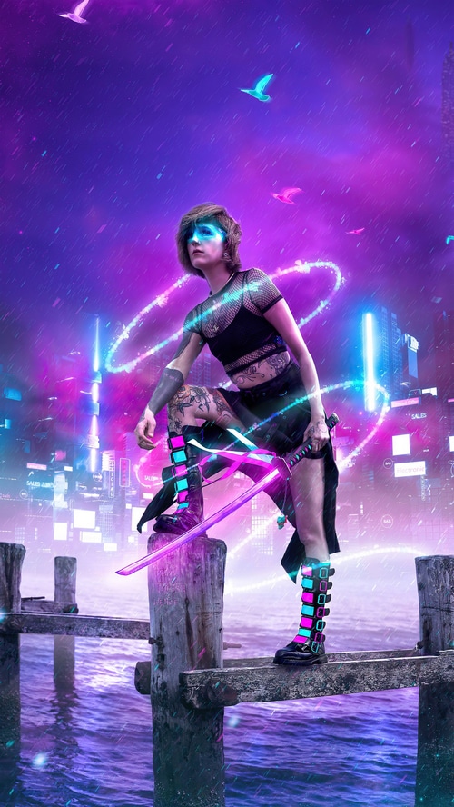 Synthwave artwork of a woman with swords