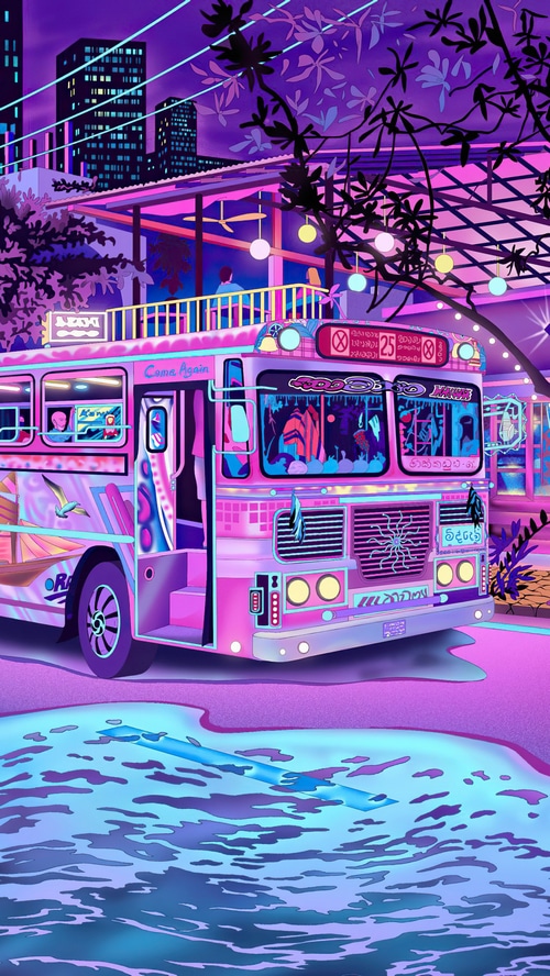 Synthwave artwork of a pink bus in a neon city