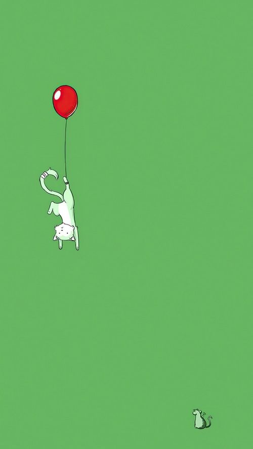 Minimalist artwork of a cat hanging from a balloon