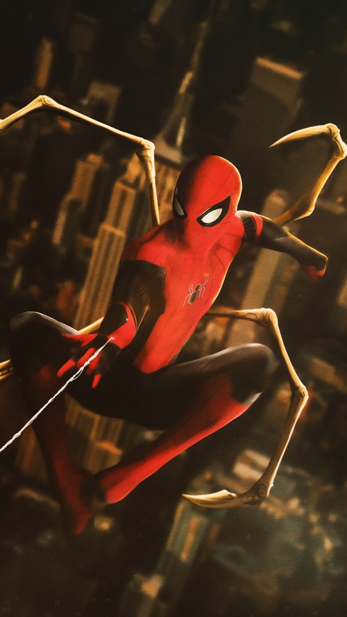 Spider-Man with mechanical spider legs in a city