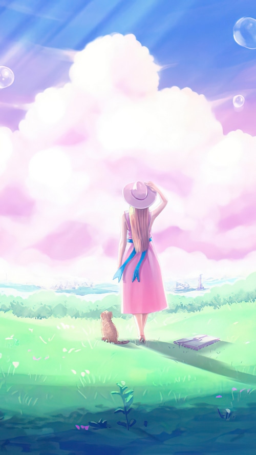 Girl in pink dress and cat looking at clouds