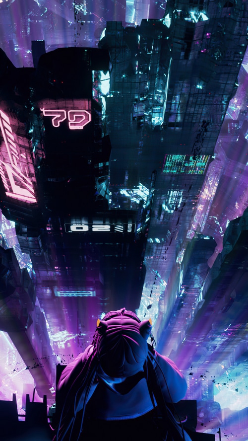Cyberpunk Cityscape with Figure