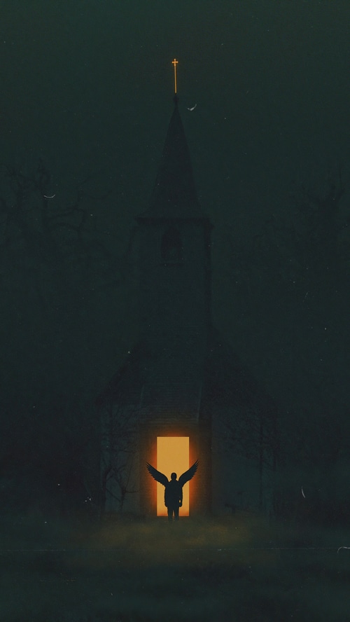 Angel in front of a church with glowing doorway