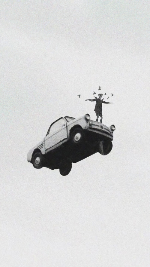 Man standing on a car with birds flying around