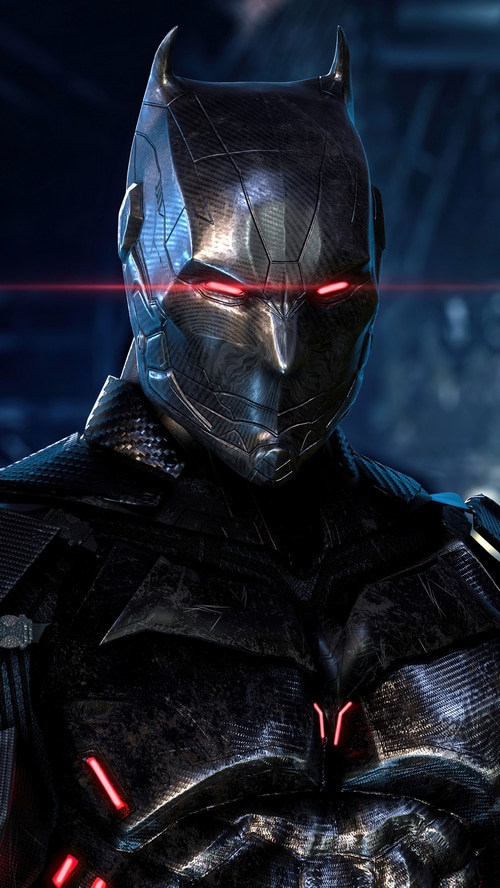 Batman in a dark, futuristic suit with red glowing eyes