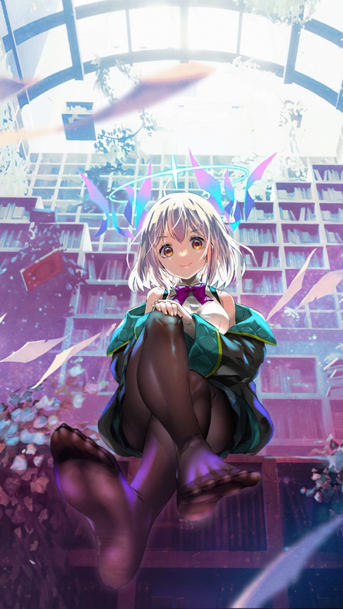 Anime girl with halo sitting in library
