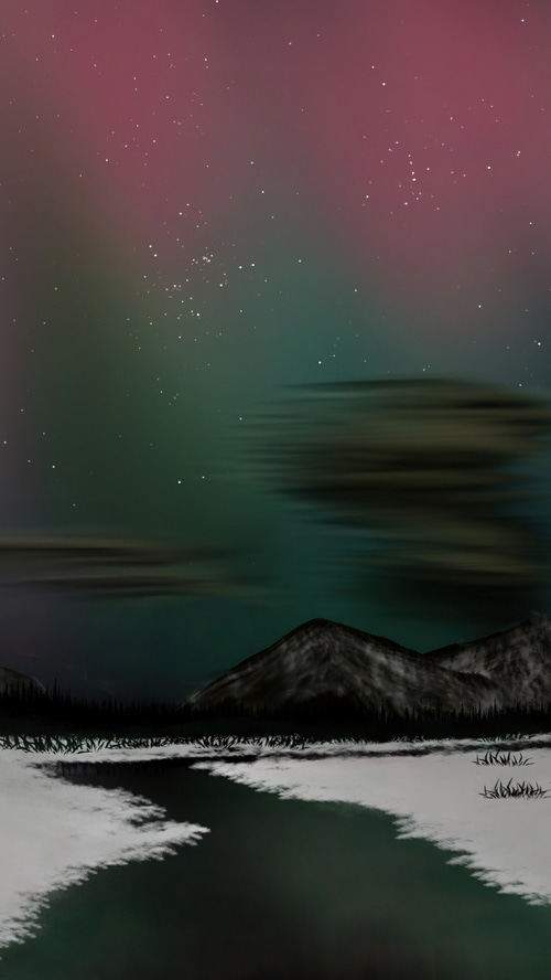 Aurora Borealis over snowy mountains and river