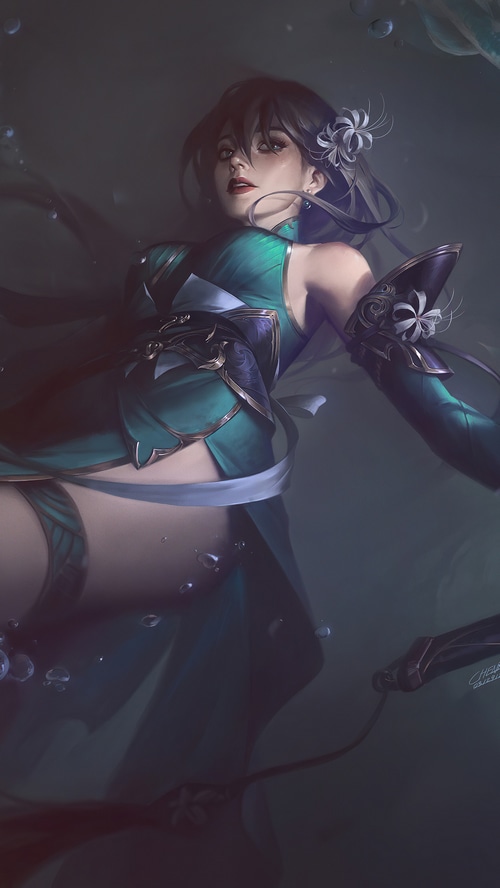 Artwork of a woman in a green dress underwater