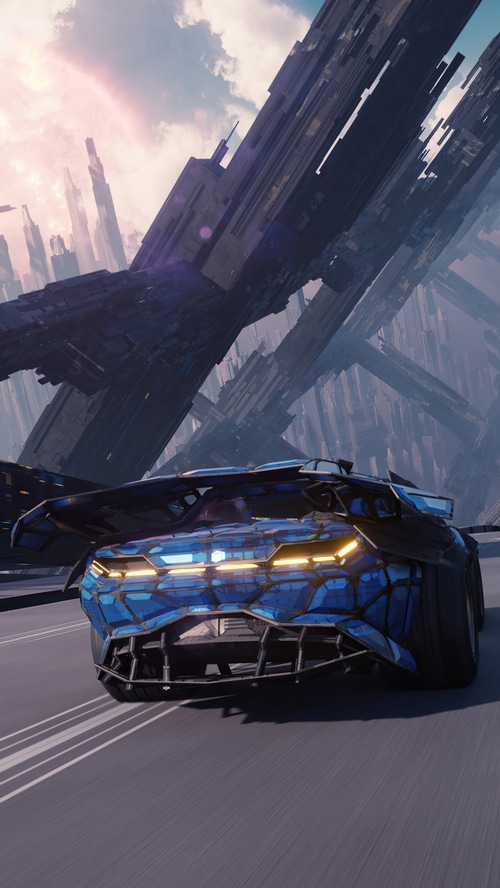 Sci-fi cyberpunk car driving through futuristic city