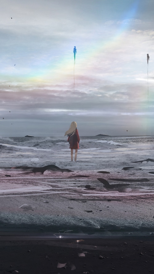Girl on a beach with figures in the sky