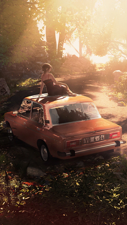 Woman sitting on a car in a forest