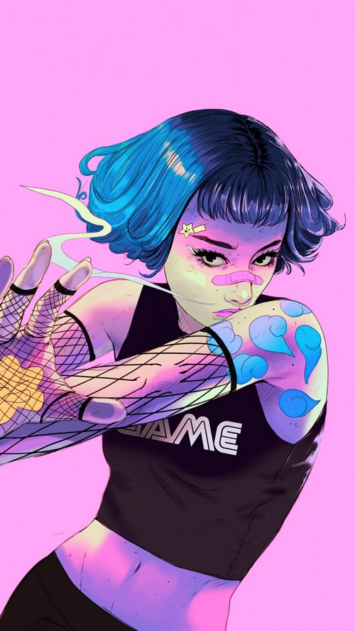 Cyberpunk artwork of a woman with blue hair