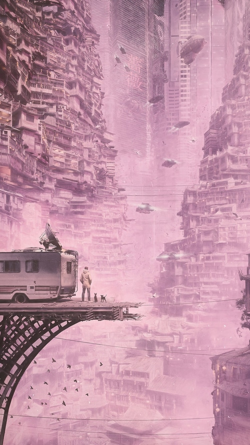 Cyberpunk Cityscape with RV and Flying Vehicles 4K