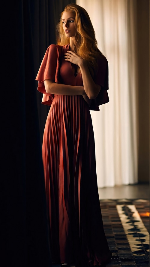 Model in a red pleated dress