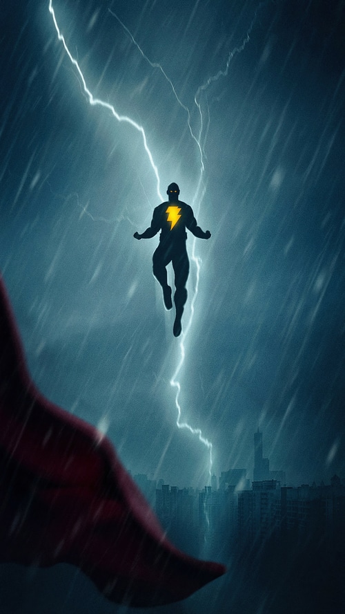Black Adam flying through a lightning storm over a city