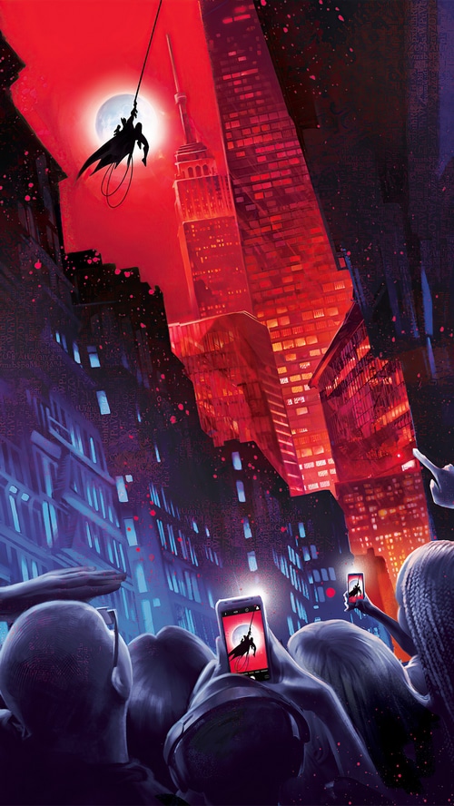 Batman swinging over a city with people taking photos