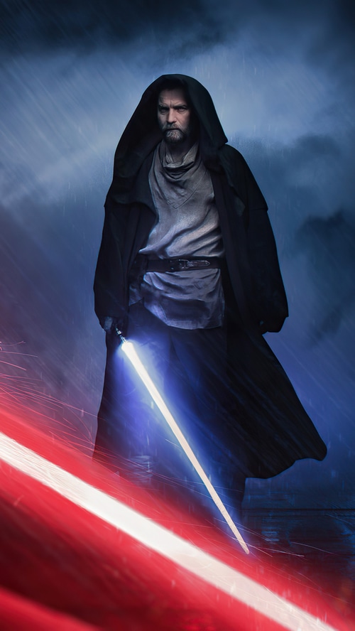 Obi-Wan Kenobi with Lightsaber in Rain