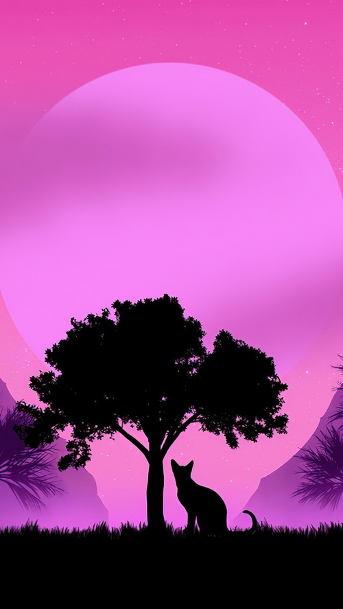 Cat under a tree with a large pink moon