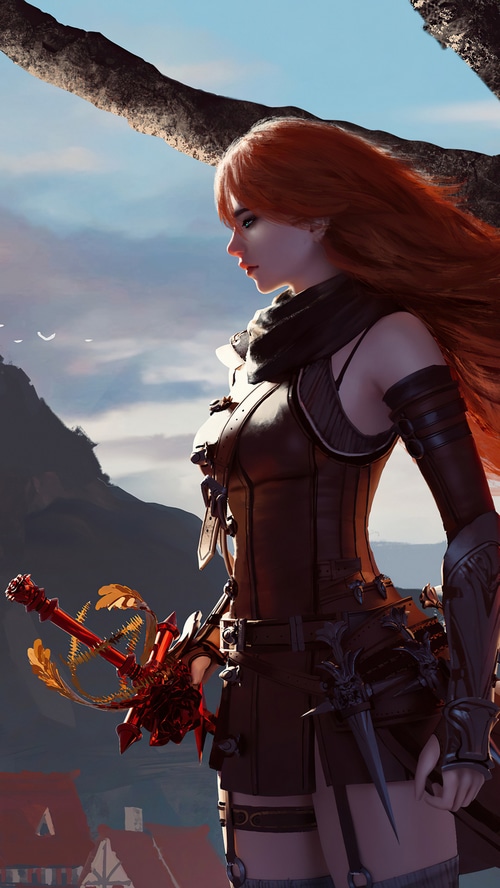 Artwork of a female warrior with red hair and a sword