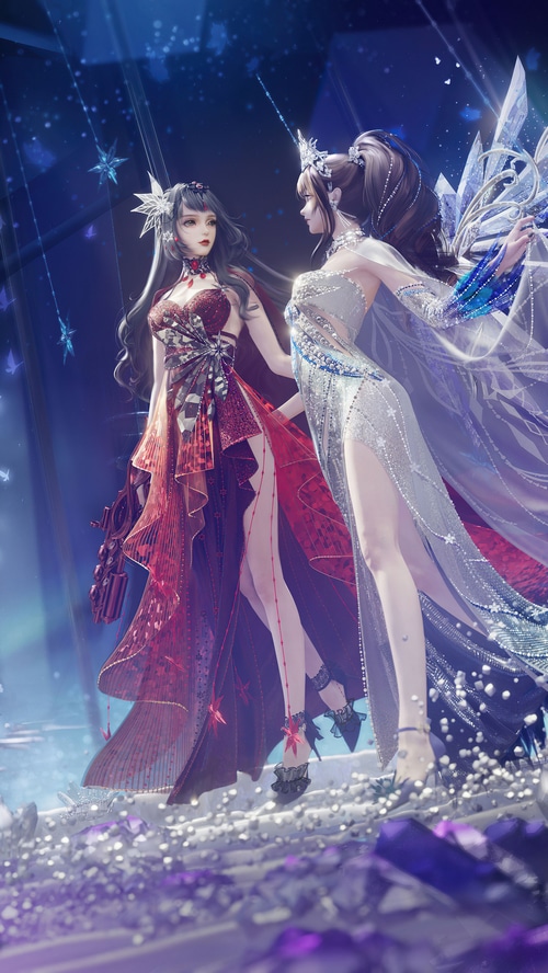 Two women in elaborate dresses in a fantasy setting