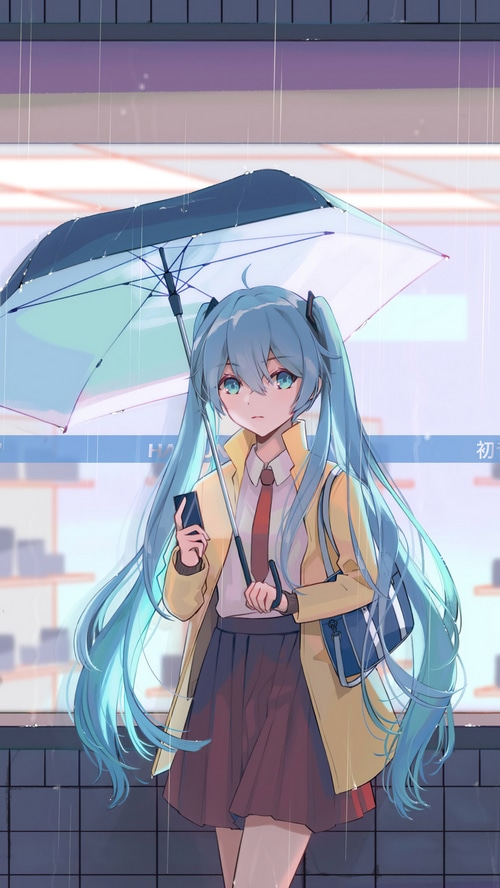 Hatsune Miku holding an umbrella in the rain