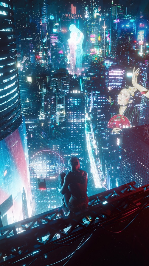 Cyberpunk Cityscape with Holographic Couple and Figures