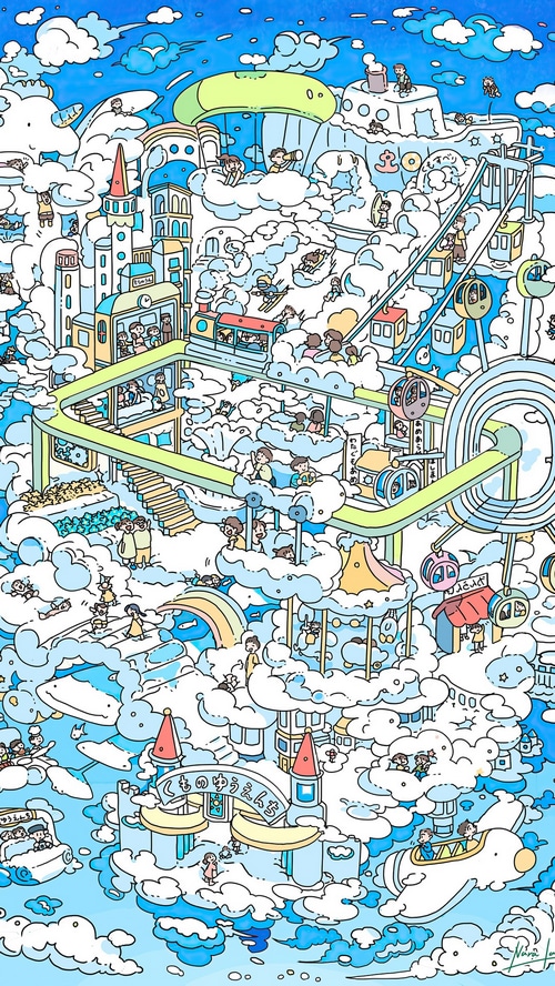 A whimsical cloud city amusement park with people enjoying rides