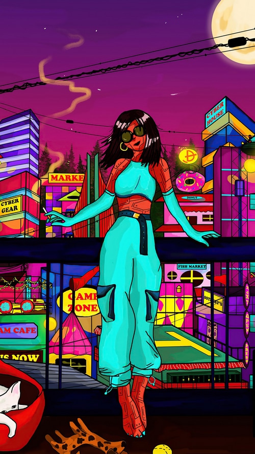 Cyberpunk woman in a neon city at night
