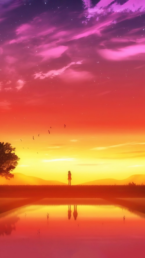 Anime girl standing by a lake at sunset