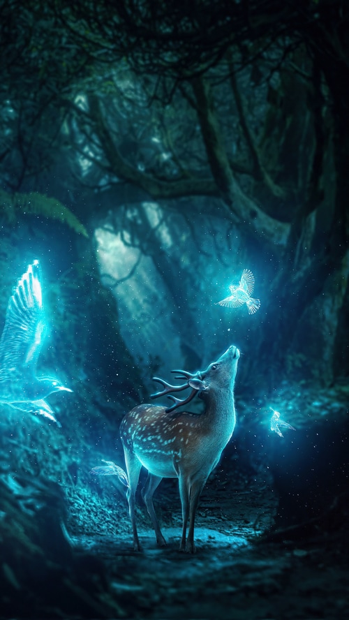 Digital art of a deer and glowing birds in a forest