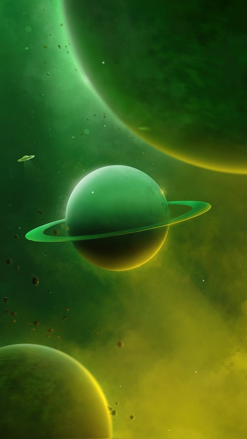 Digital universe artwork with planets and asteroids